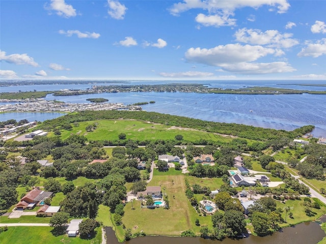 drone / aerial view featuring a water view