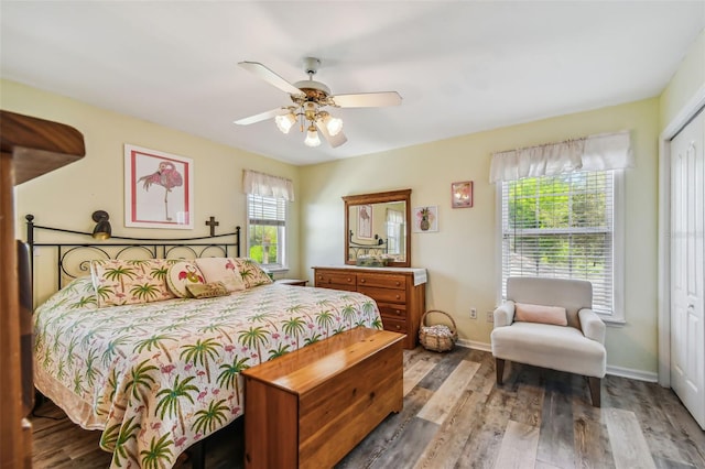 bedroom with ceiling fan, a closet, and dark hardwood / wood-style flooring