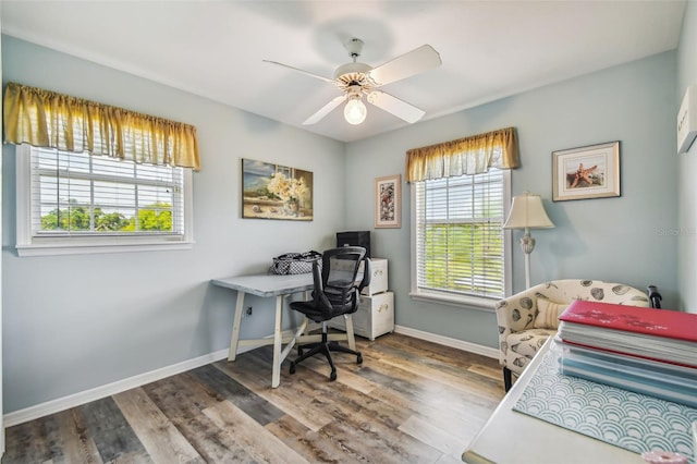 office featuring ceiling fan, a wealth of natural light, and hardwood / wood-style flooring