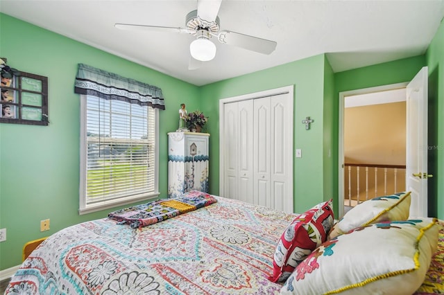 bedroom featuring a closet and ceiling fan