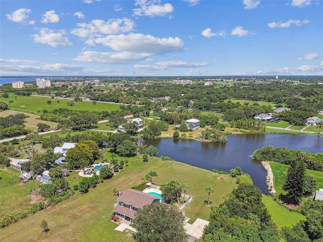 drone / aerial view featuring a water view