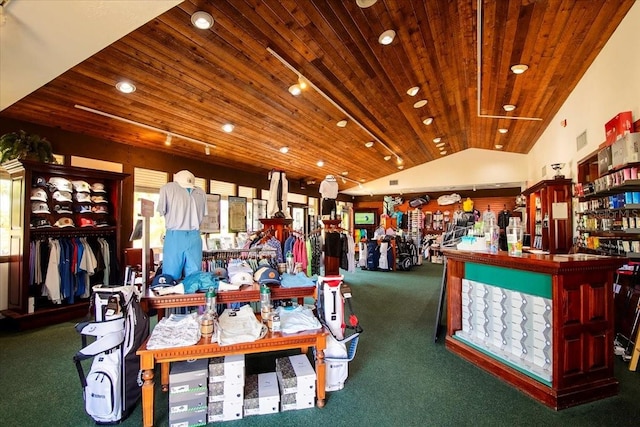 interior space with lofted ceiling, wood ceiling, and carpet