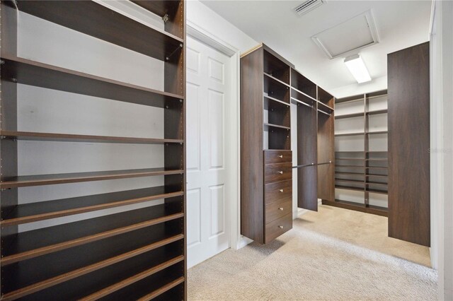 walk in closet featuring light colored carpet