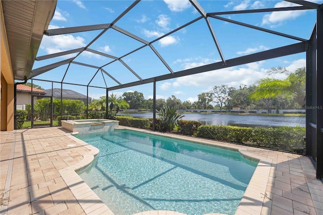 view of swimming pool with a patio area, glass enclosure, and an in ground hot tub