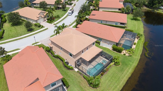 drone / aerial view featuring a water view