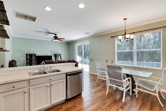 kitchen featuring sink, ceiling fan with notable chandelier, dark hardwood / wood-style floors, and stainless steel dishwasher