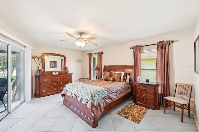 bedroom with ceiling fan, access to exterior, and light tile patterned floors