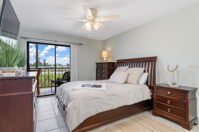 bedroom with light tile patterned flooring, access to outside, a textured ceiling, and ceiling fan