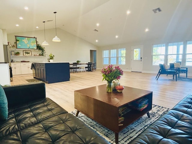 living room with high vaulted ceiling and light hardwood / wood-style floors