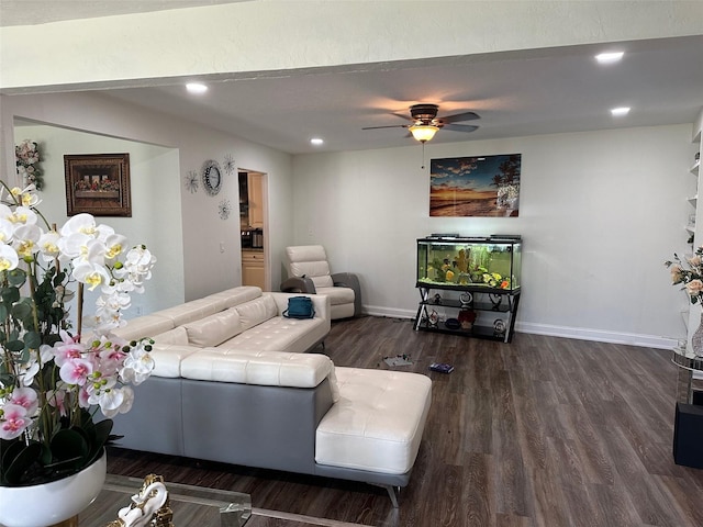 living room featuring ceiling fan and dark hardwood / wood-style flooring