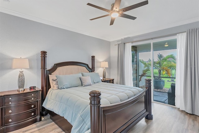 bedroom featuring light hardwood / wood-style flooring, ceiling fan, access to exterior, and ornamental molding