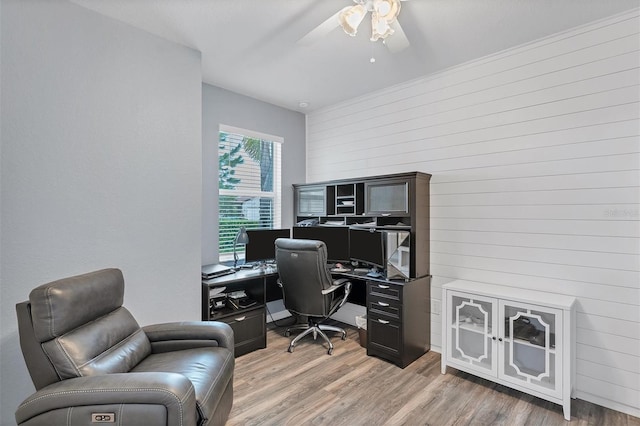 office space with ceiling fan and light hardwood / wood-style flooring