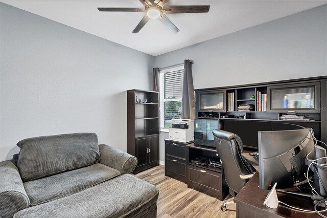 office area with ceiling fan and light wood-type flooring