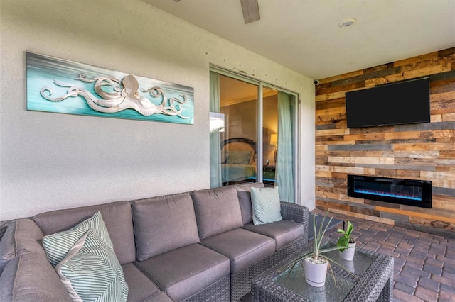 living room featuring wooden walls