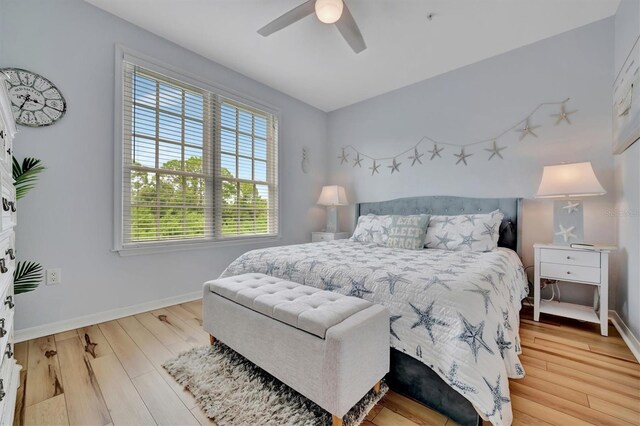 bedroom with hardwood / wood-style floors and ceiling fan