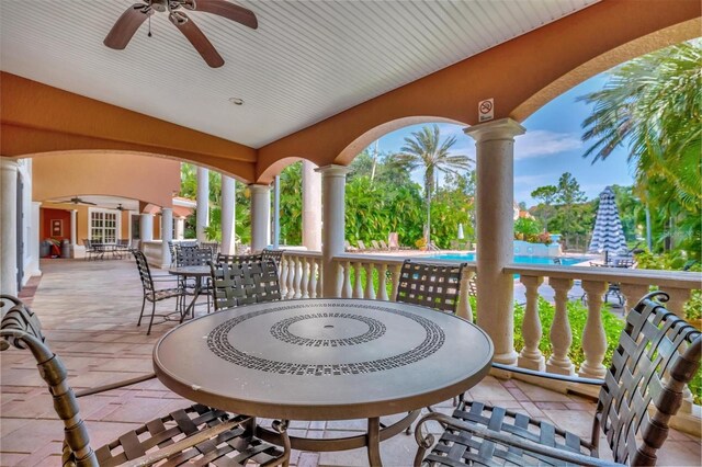 view of patio featuring ceiling fan and a community pool