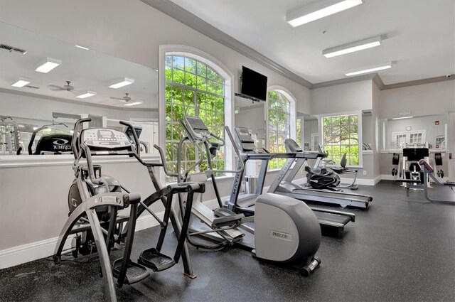 exercise room with ceiling fan and crown molding