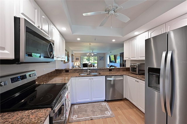 kitchen with sink, white cabinetry, a tray ceiling, kitchen peninsula, and stainless steel appliances