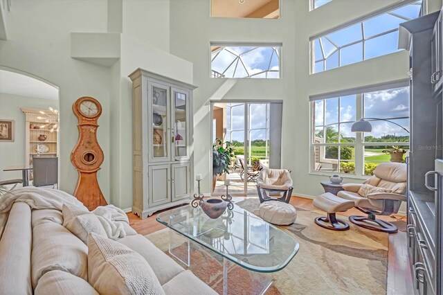 living room featuring a high ceiling, hardwood / wood-style floors, and a healthy amount of sunlight