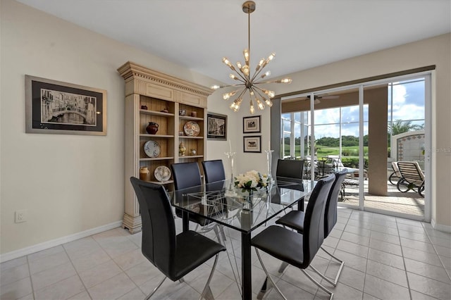 dining area with a chandelier and light tile patterned floors