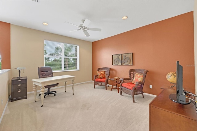 carpeted office with recessed lighting, a ceiling fan, and baseboards