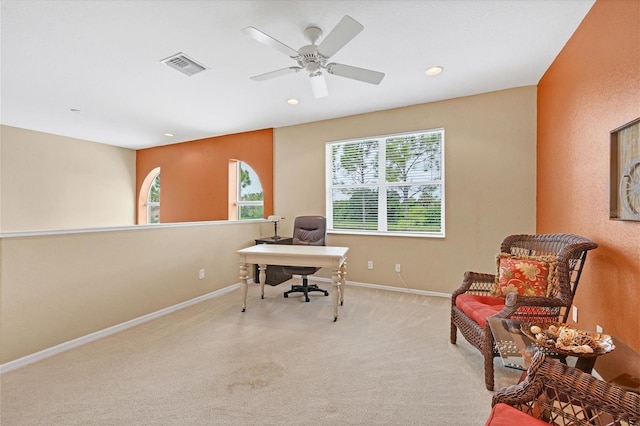 office area with recessed lighting, visible vents, carpet flooring, ceiling fan, and baseboards