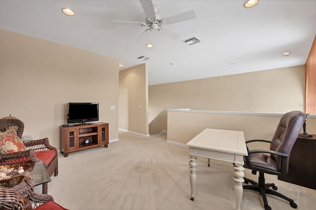 office space featuring baseboards, visible vents, light colored carpet, and recessed lighting