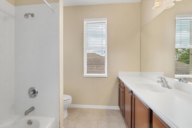 full bathroom with shower / bathing tub combination, toilet, vanity, tile patterned flooring, and baseboards