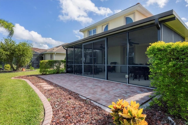 back of house featuring a sunroom, a patio area, a lawn, and stucco siding