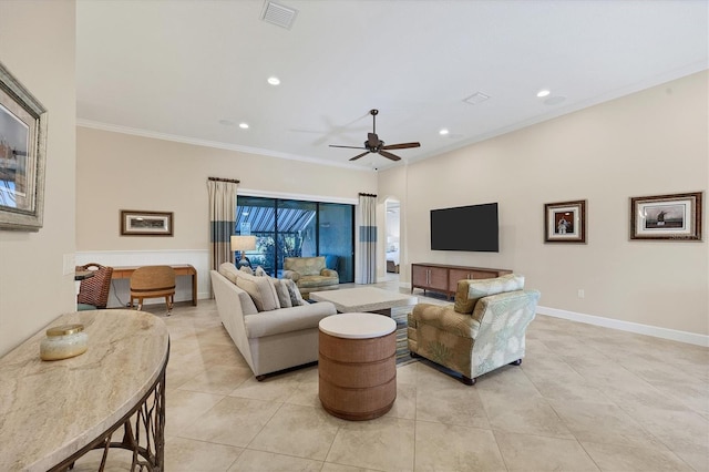 living room featuring ceiling fan, light tile patterned flooring, and ornamental molding