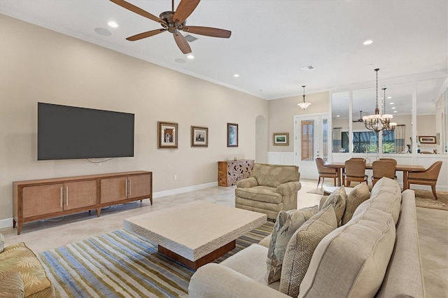 living room with ceiling fan with notable chandelier and light tile patterned floors