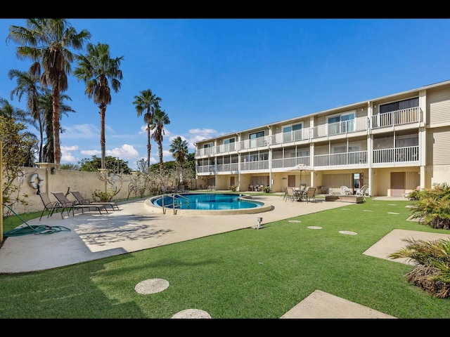 view of pool featuring a patio area and a yard