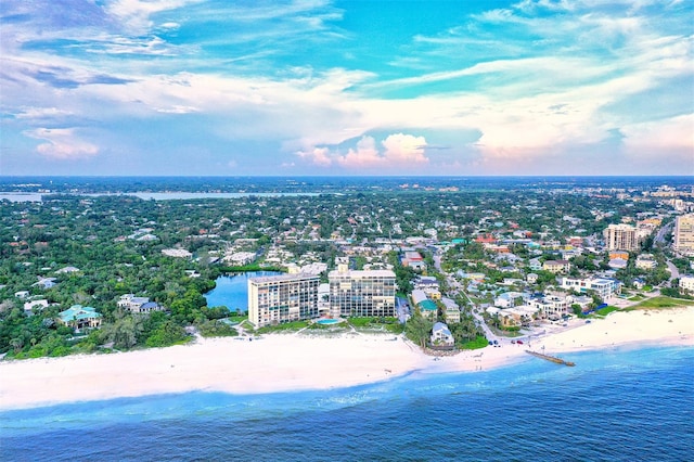 drone / aerial view with a beach view and a water view