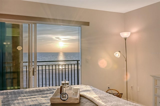 bedroom featuring a water view