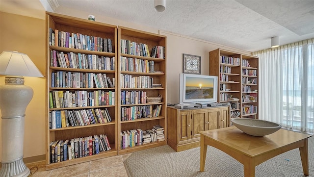 sitting room featuring a wealth of natural light, light tile patterned flooring, and a textured ceiling