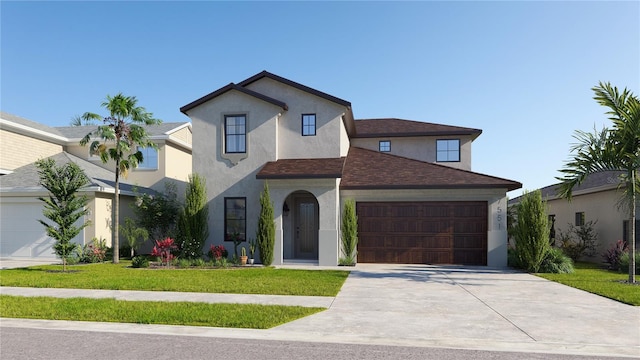 view of front of home featuring stucco siding, a shingled roof, an attached garage, a front yard, and driveway