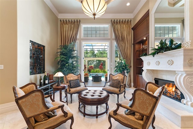 living area with light tile patterned floors and crown molding