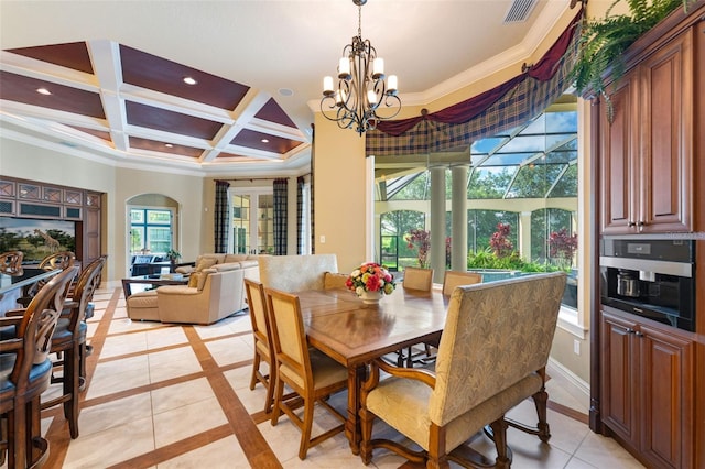 dining room featuring beam ceiling, an inviting chandelier, coffered ceiling, crown molding, and light tile patterned flooring