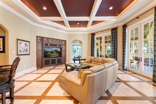 tiled living room with french doors, coffered ceiling, a high ceiling, crown molding, and beamed ceiling