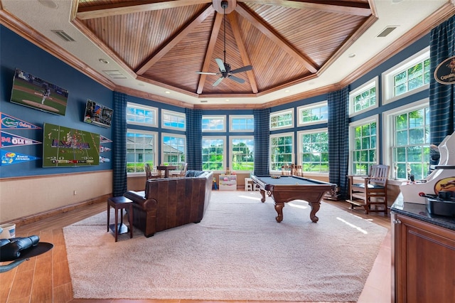 rec room with pool table, a high ceiling, and ornamental molding