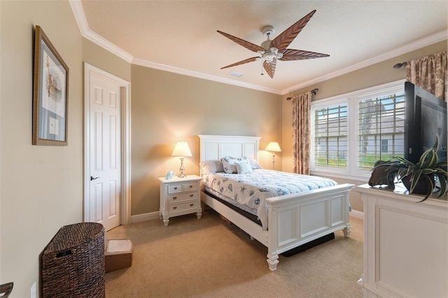 bedroom with baseboards, ceiling fan, ornamental molding, and light colored carpet