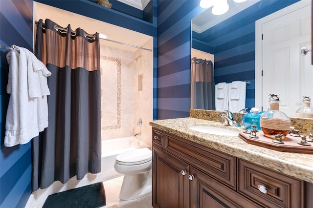 full bathroom featuring vanity, tile patterned flooring, crown molding, shower / tub combo, and toilet