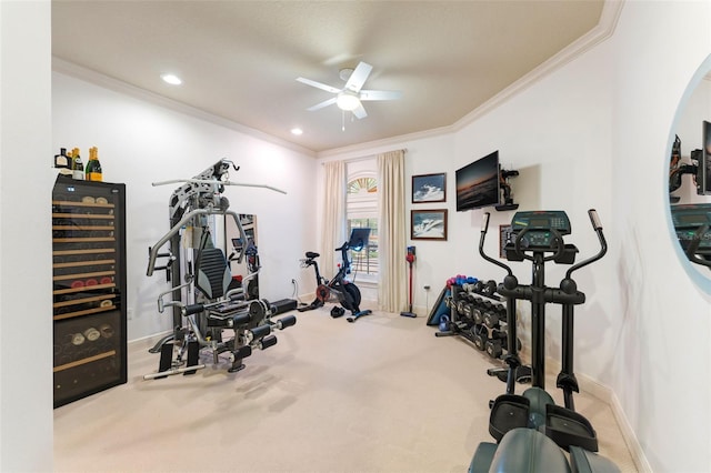 exercise area with ceiling fan, carpet, and crown molding