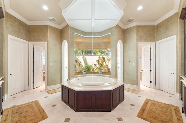 bathroom with a washtub, ornamental molding, and tile patterned flooring