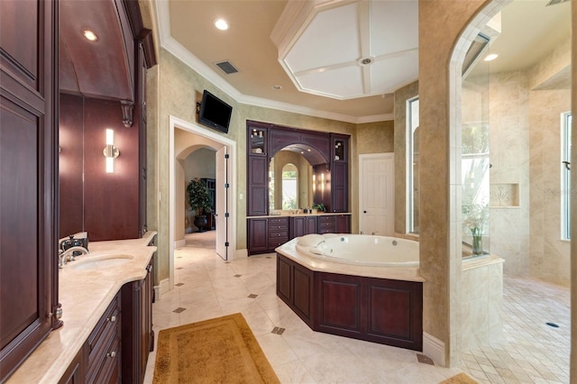 bathroom featuring tile patterned flooring, crown molding, plus walk in shower, and vanity