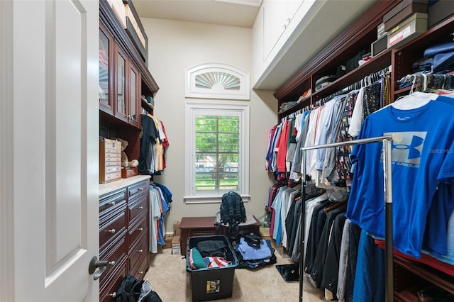 walk in closet featuring light colored carpet