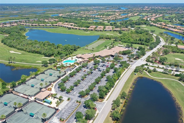 drone / aerial view with a water view