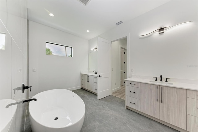 bathroom featuring vanity and a washtub