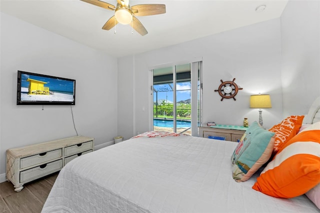 bedroom featuring wood-type flooring, access to outside, and ceiling fan