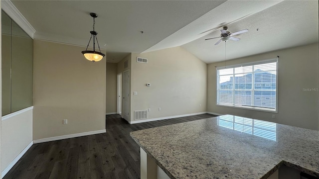 interior space featuring light stone counters, ceiling fan, pendant lighting, vaulted ceiling, and dark hardwood / wood-style flooring